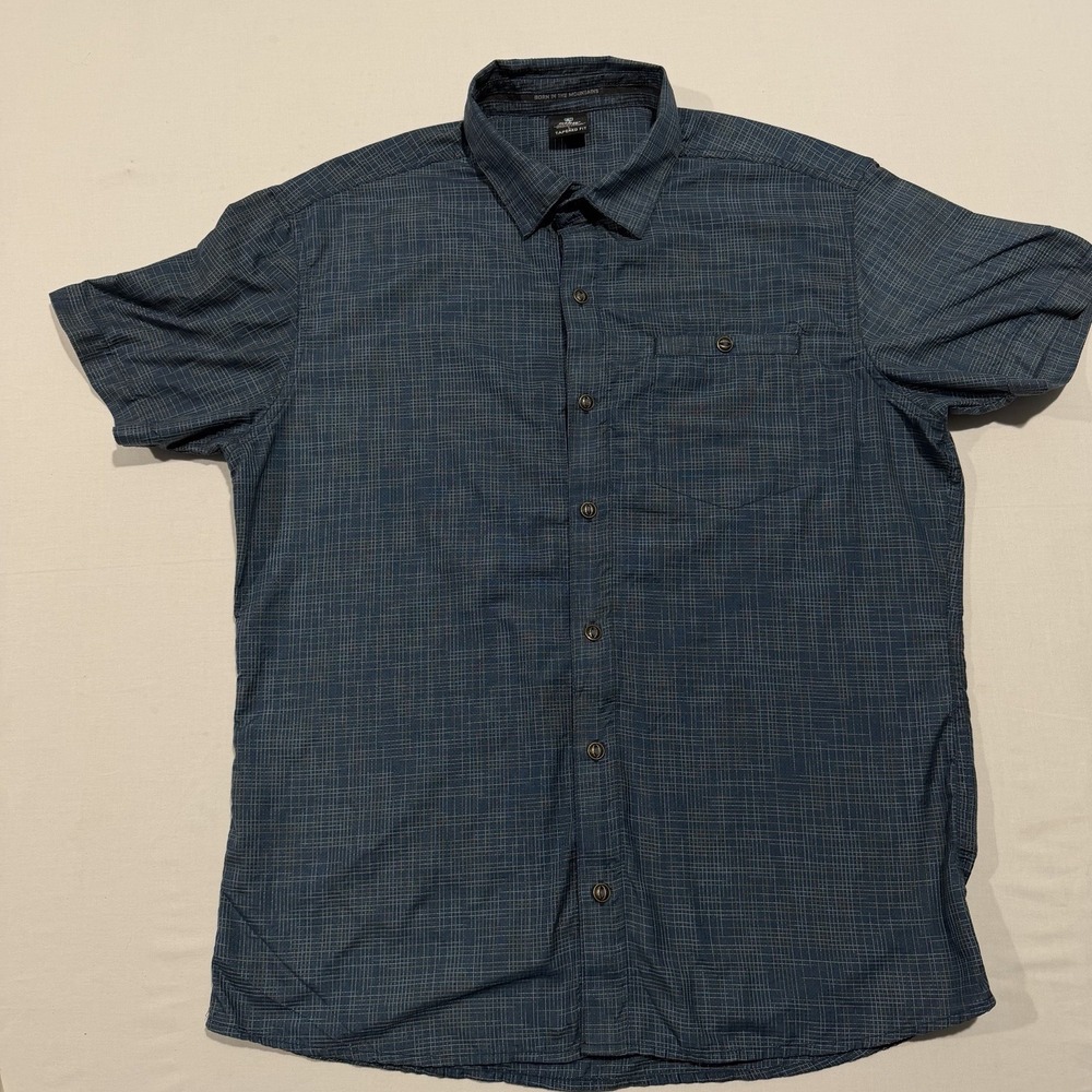 KUHL Mens Large Blue Grid Short Sleeve Button Down Shirt Tapered Fit Style 7563